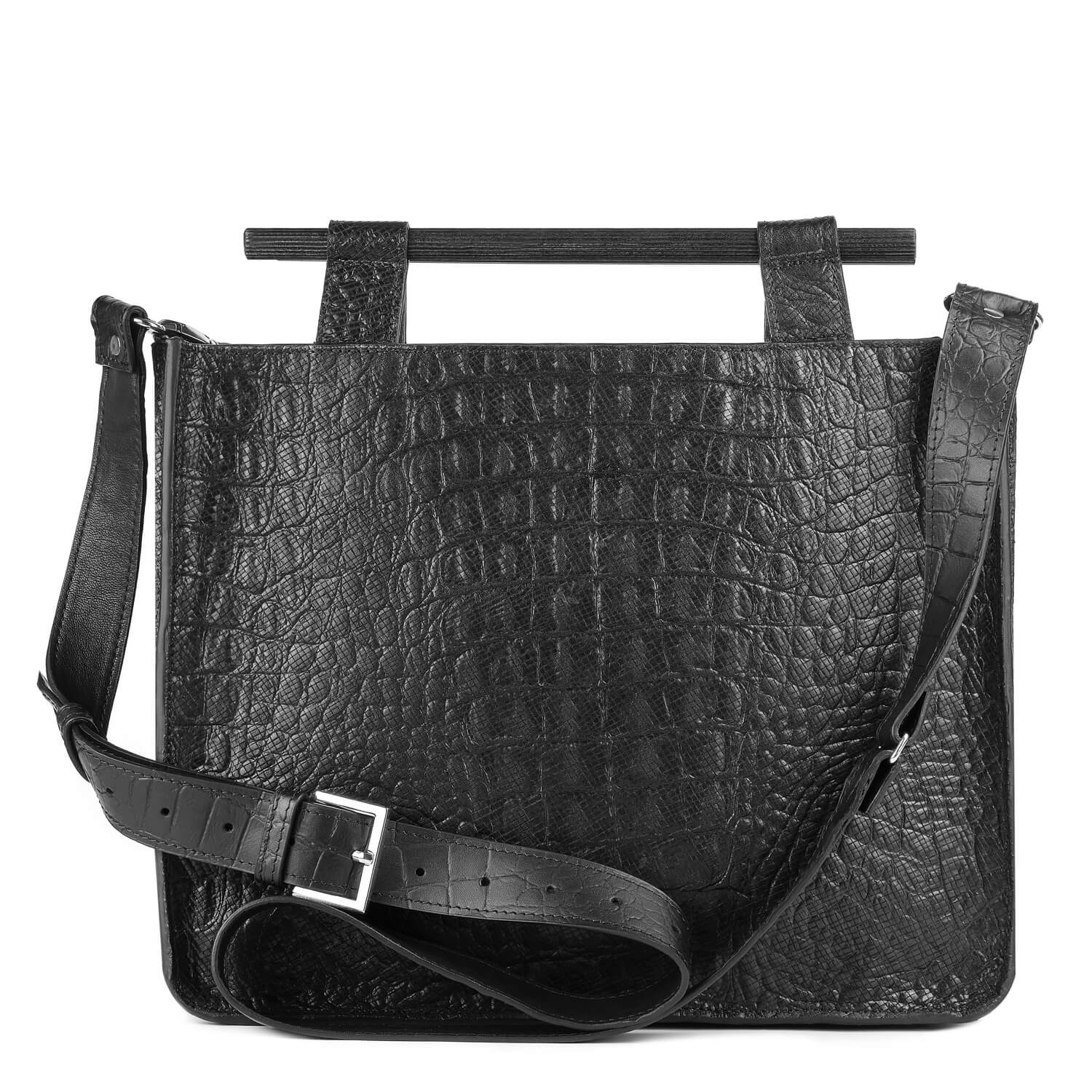Leder Schultertasche Schwarz Kroko Grace Mini