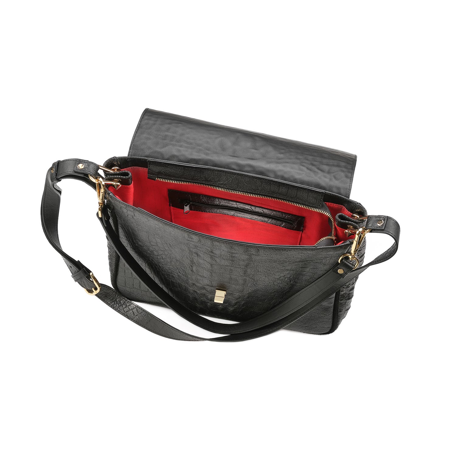 Leder Schultertasche Schwarz Kroko Venus Maxi