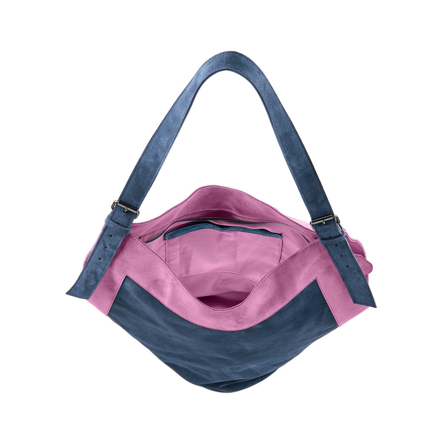 Veloursleder Schultertasche Dunkelblau-Rosa Thesa
