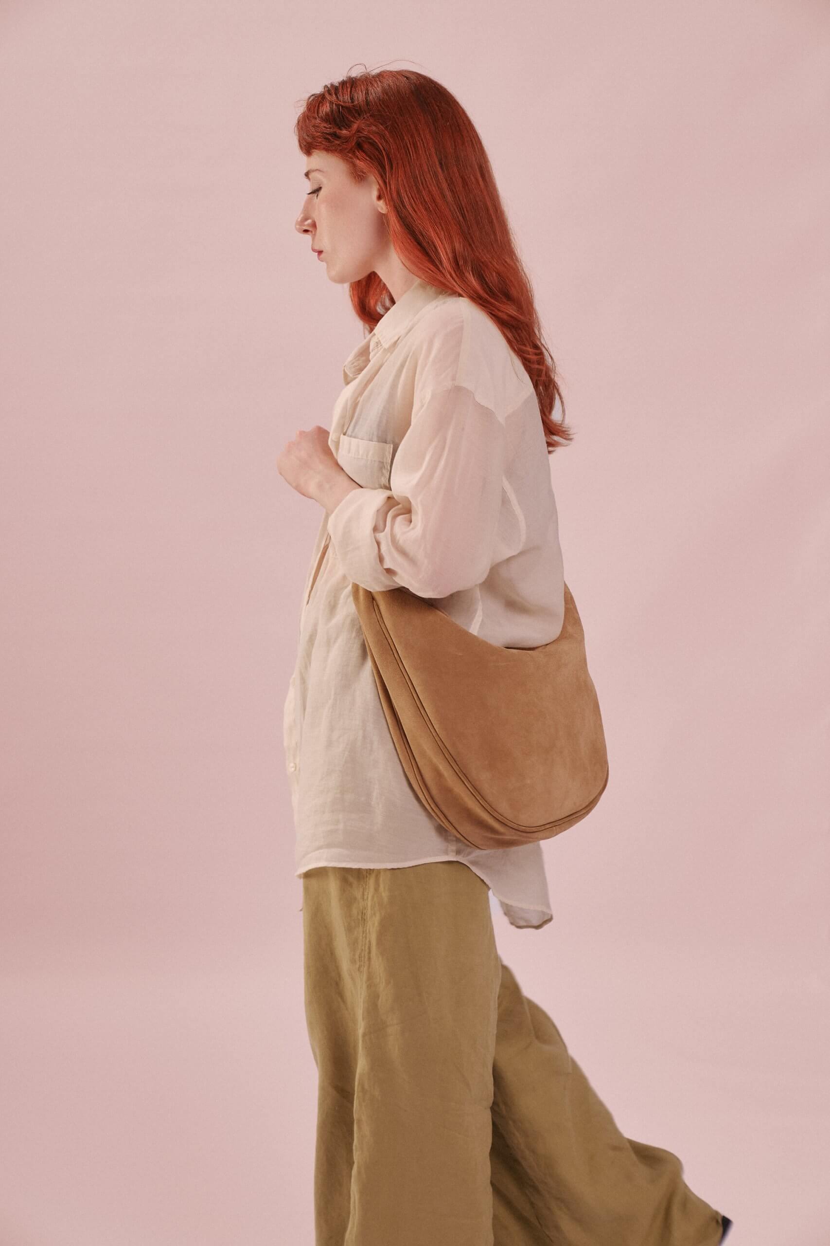 Veloursleder Umhängetasche Beige Nuna Large