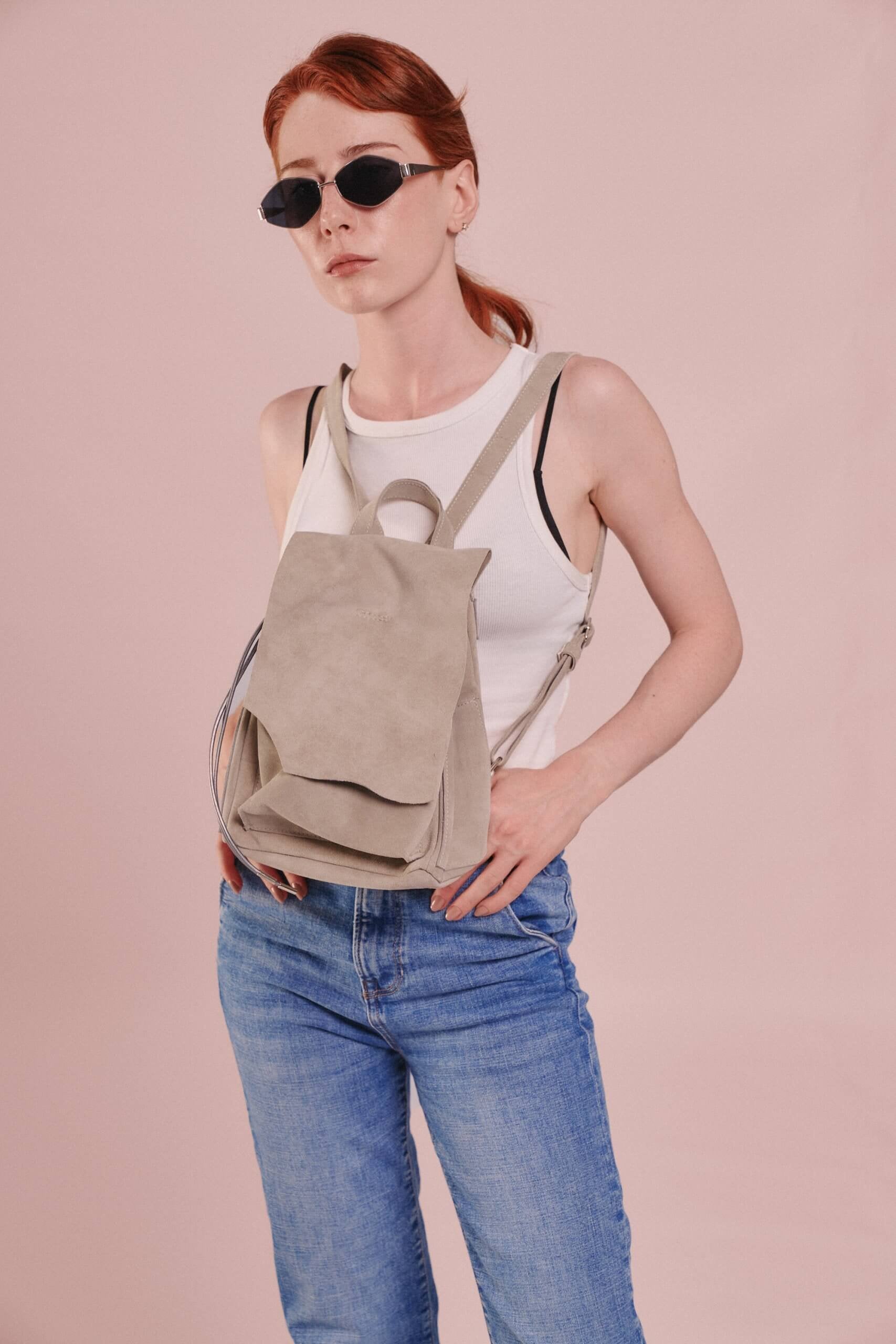 Veloursleder Rucksack Grau Lite Mini
