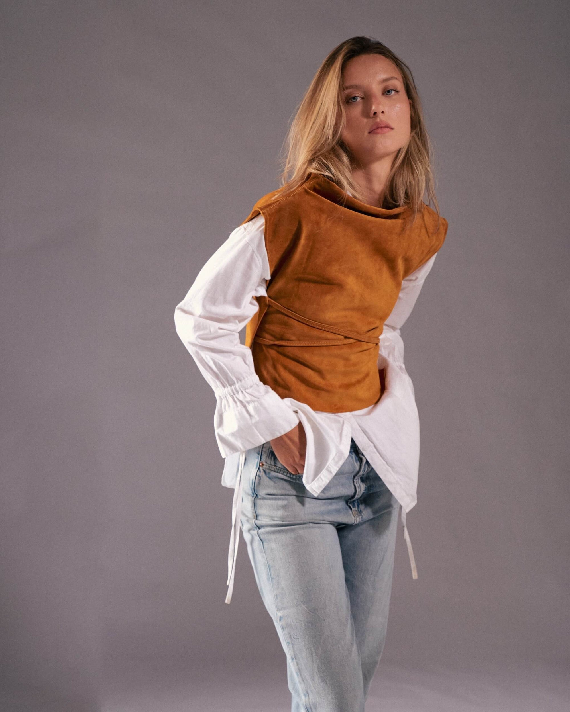 Veloursleder Poncho-Bluse Grau Zora