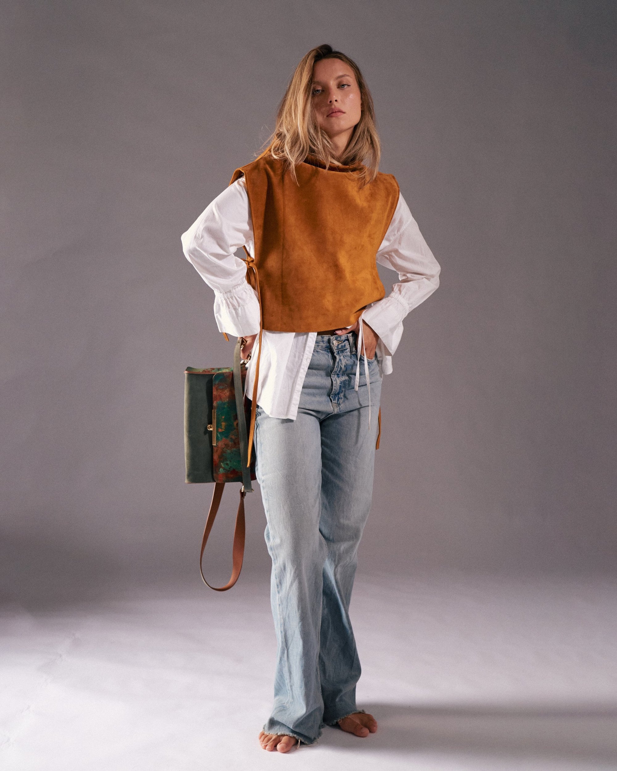 Veloursleder Poncho-Bluse Grau Zora