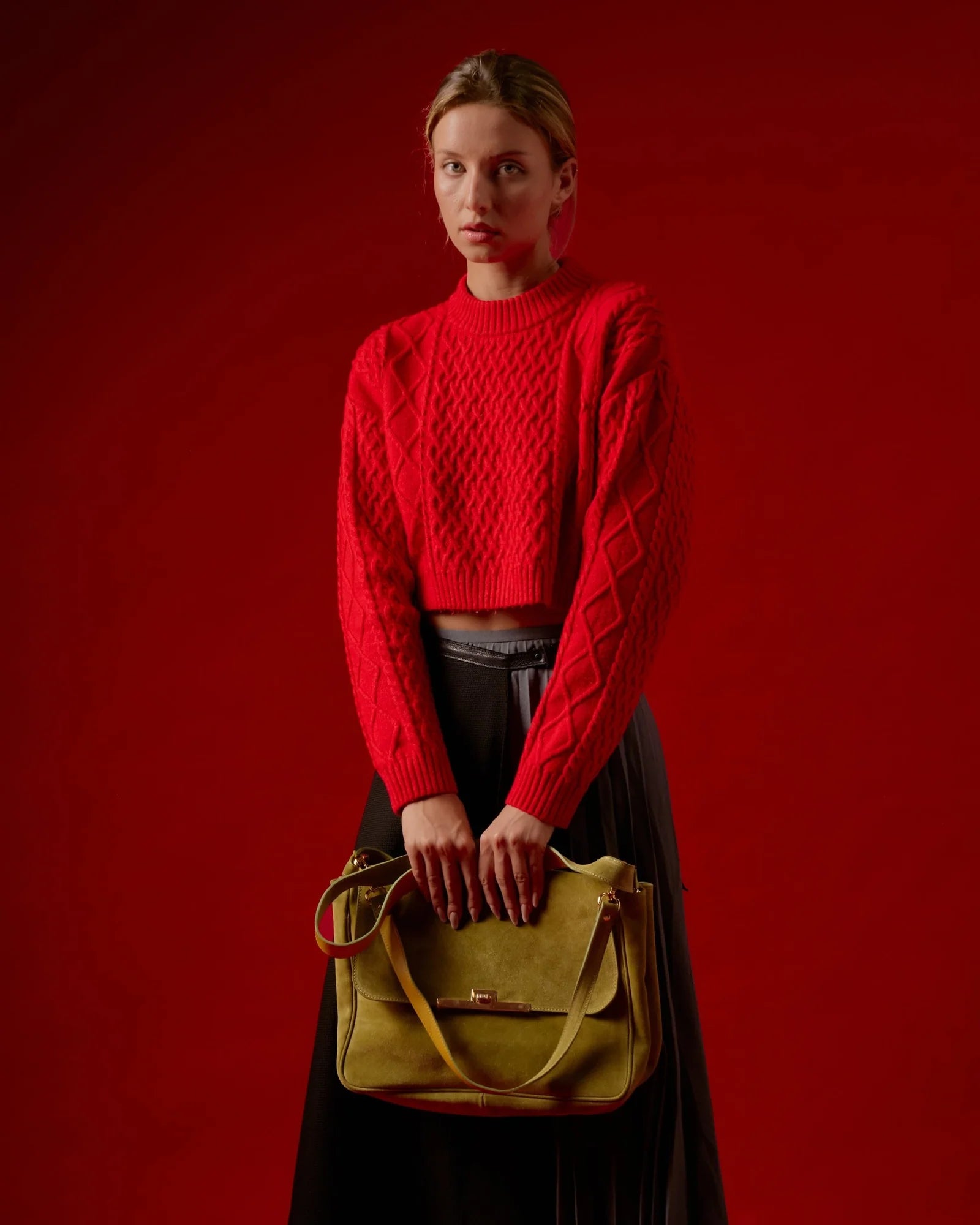 Veloursleder Schultertasche Olivgrün Venus Maxi