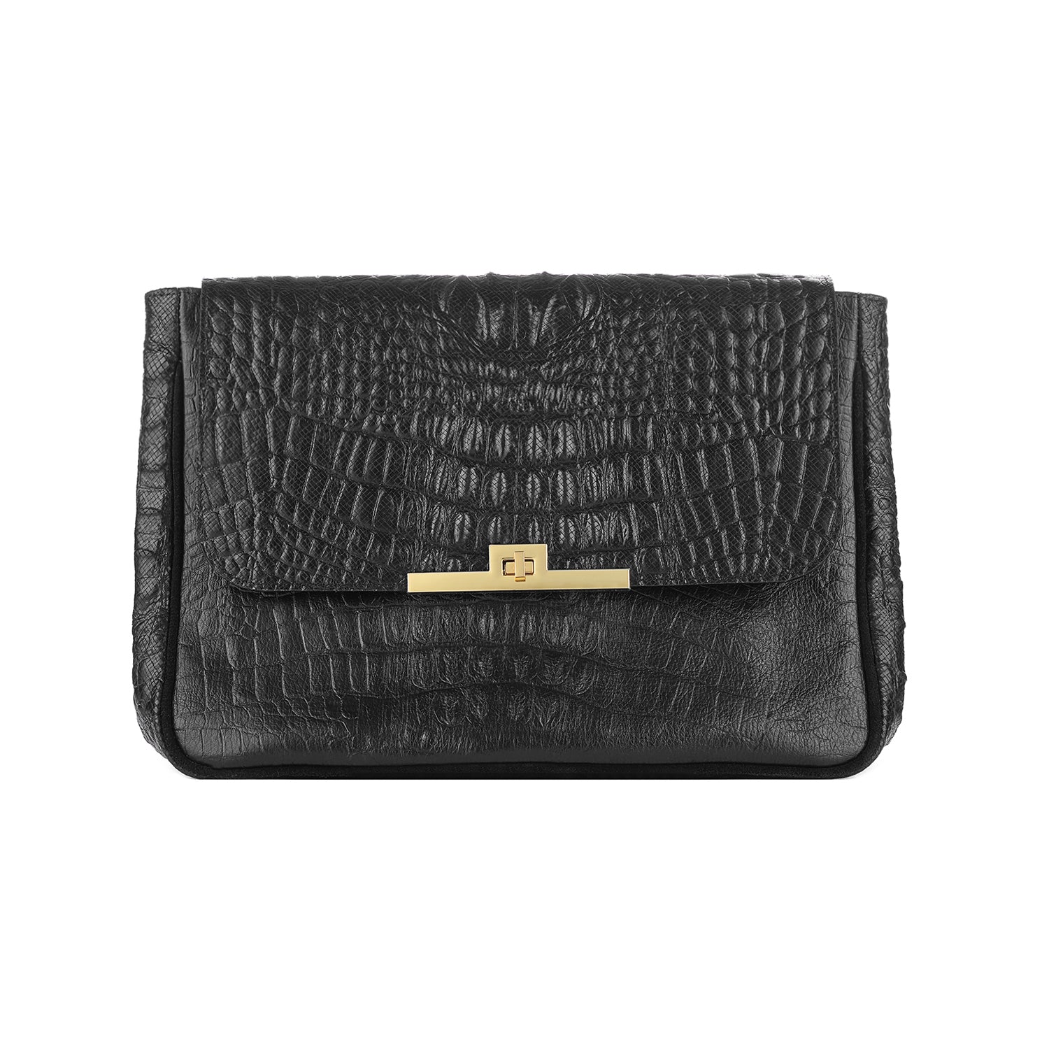 Leder Schultertasche Schwarz Kroko Venus Maxi