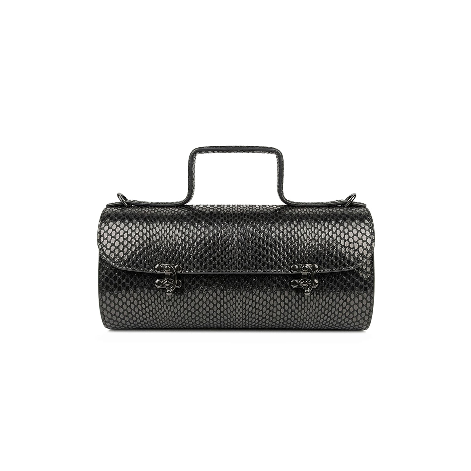 Schwarze Leder-Schultertasche in Kroko-Optik Tube Midi